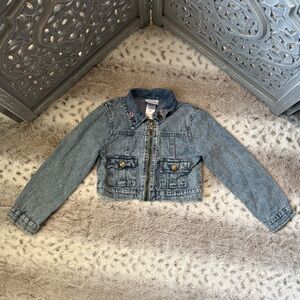 Little Lass cropped jean jacket girls size 6 lightwash denim floral embroidery